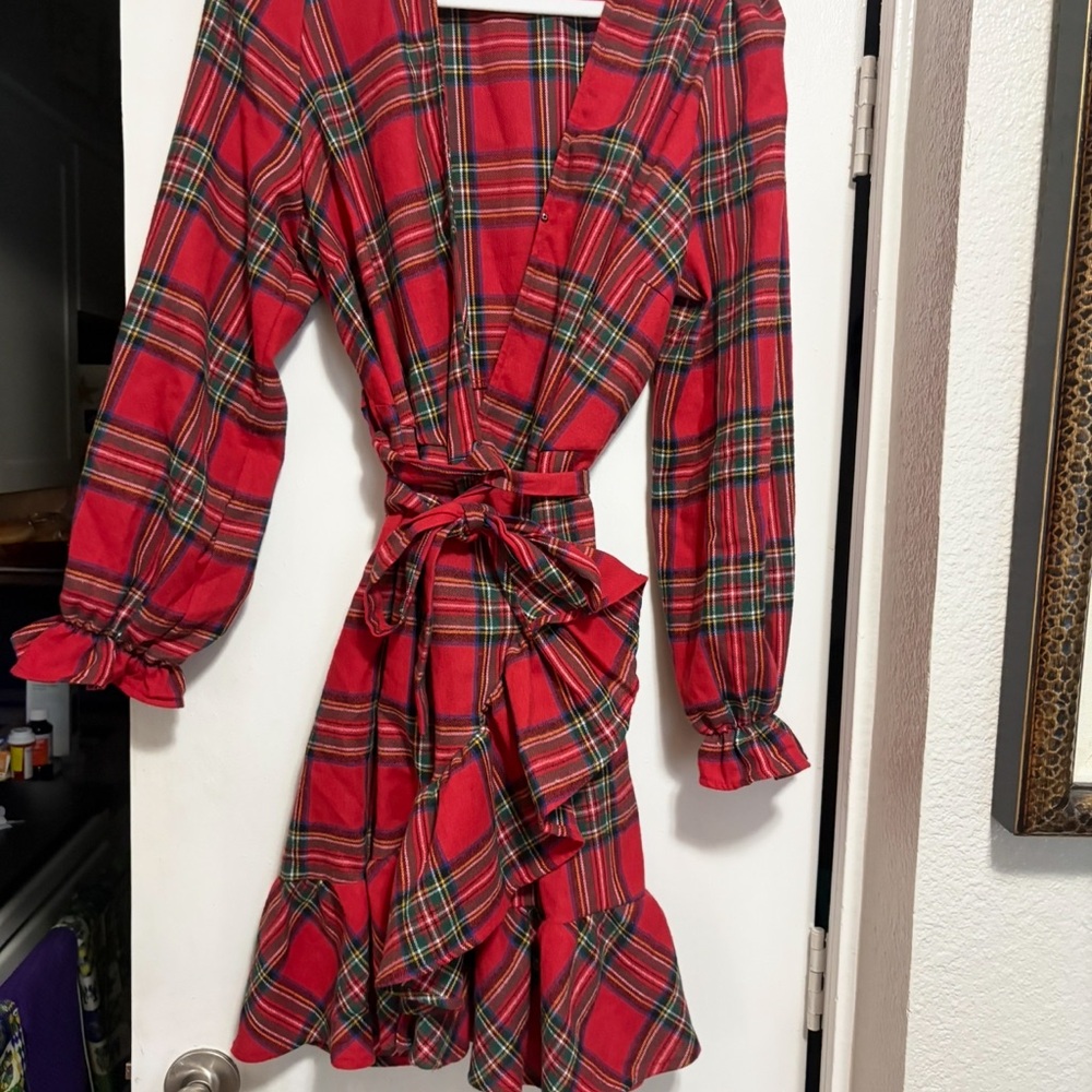 Cupshe Red Plaid Long Sleeve Dress